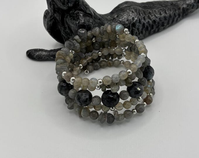 Labradorite Bracelet | Memory Wire Bracelet | Multistrand Bracelet | Labradorite Gemstones | 5 Strand Statement piece