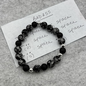 Piedras preciosas de obsidiana copo de nieve y lava negra / Pulsera de piedras preciosas / Pulsera elástica / Pulsera de código Morse / Pulsera difusora