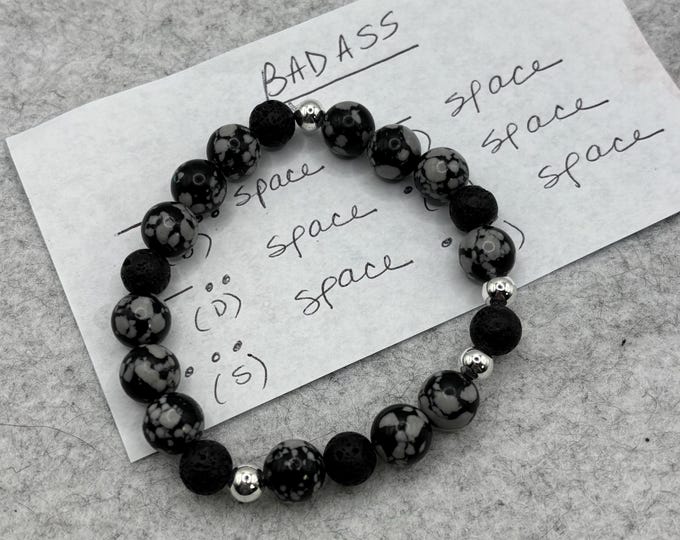 Snowflake Obsidian and Black Lava Gemstones | Gemstone bracelet | Stretch Bracelet | Morse Code bracelet | Badass | Diffuser Bracelet