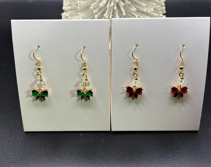 Crystal Red or Green Bow Earrings | Holiday Earrings |  Austrian Crystals  | Crystal Rhinestone Bows | Christmas Earrings |