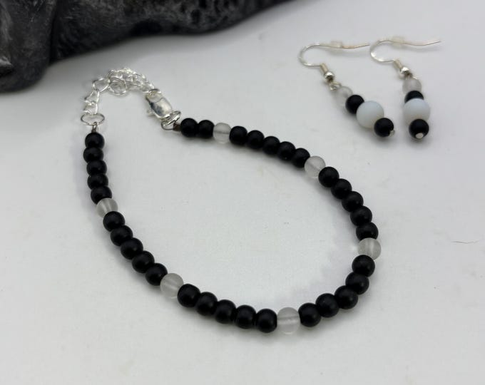 Seaglass Gift Set | Seaglass Jewelry | Seaglass Earrings |  Seaglass Bracelet | Black Pirate Glass Minimalist