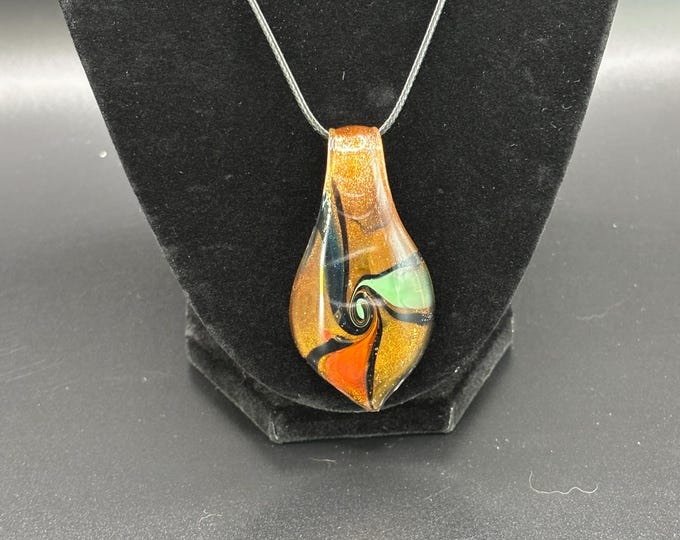 Green Orange Blue  Murano Inspired Pendant Necklace  | Glass Leaf Pendant | Gold Accent | Lampwork Pendant | Necklace With Cord