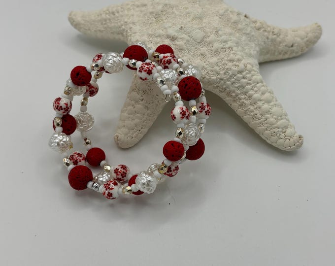 Red Lava and Porcelain  | Memory Wire Bracelet | Multi-Strand Bracelet |