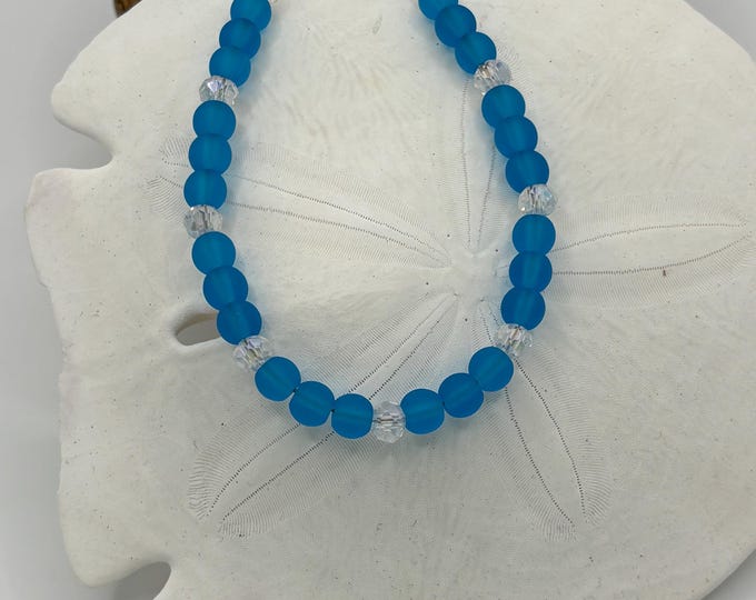 Pacific Blue  Seaglass Bracelet | Blue Seaglass | Seaglass Bracelet | 6 mm beads with  Crystals