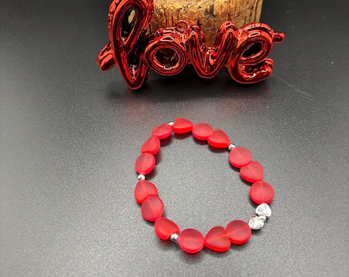 Red Seaglass Heart Bracelet:  Valentine Jewelry Stretch Bracelet | Galentines | Beach Glass