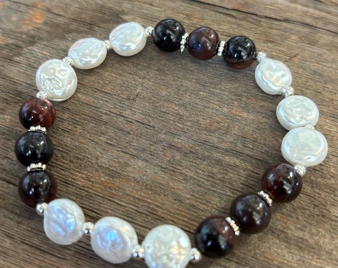 Chocolate Tiger Eye Gemstones | Gemstone bracelet  | Stretch Bracelet | Pearl bracelet