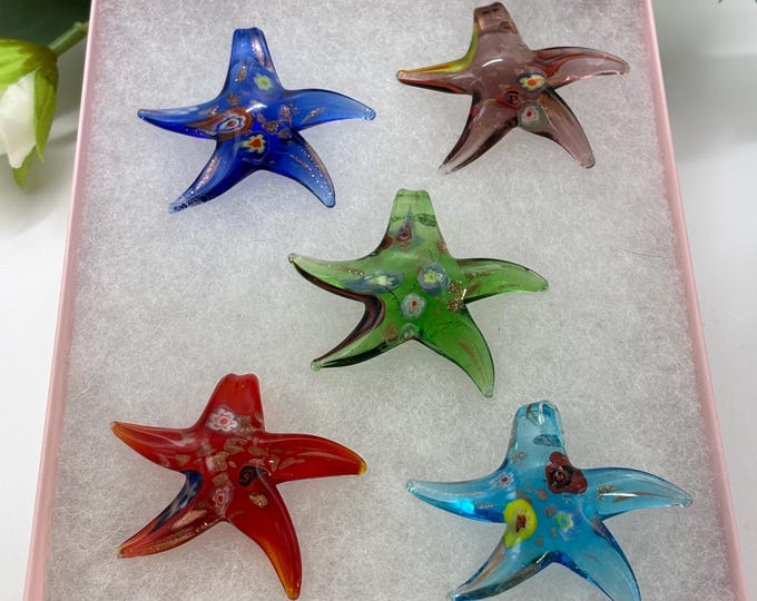 A Gift Set of Murano Inspired Starfish Pendants | Lampwork Pendant | Glass Starfish Pendants  | Interchangeable With Black & white Cords