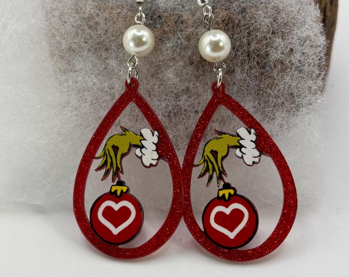 Christmas A Grinch Pair of Earrings | Holiday Earrings | Christmas Earrings | Pearl Accent | Sterling Silver Ear Wires