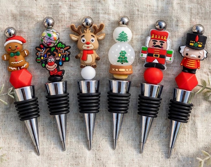 Christmas Theme Wine Bottle Stopper :  Silicone Beaded Bottle Stopper | Barware | Nutcracker | Snow Globe | Reindeer