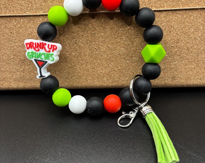 Drink Up Grinches Beaded Wristlet Keychain  | Keychain with Silicone and tassel | Keychain | Key Fob | Wristlet