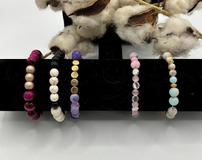 Pink Jade | Purple Agate | Amazonite | Pink Tiger Eye | Howlite | Gemstone | Stretch Bracelet | Morse Code bracelet | Honor