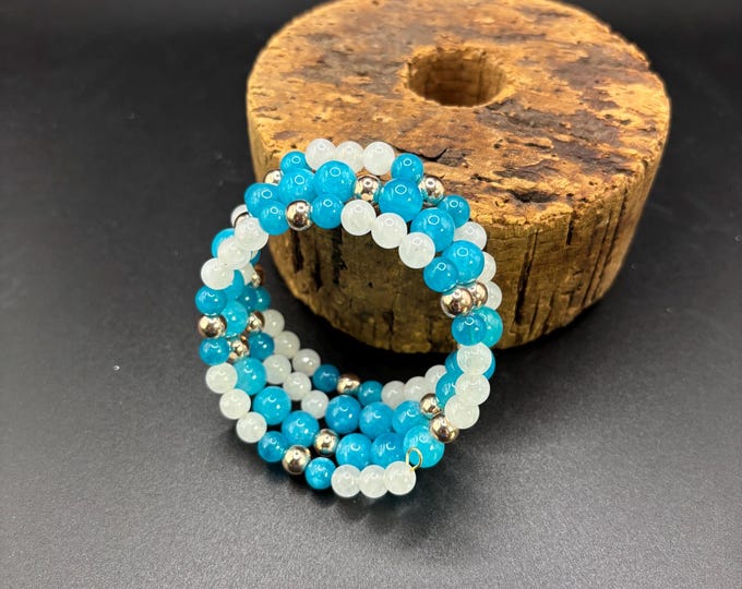 Blue Chalcedony and White Jade bracelet | Memory wire bracelet | Multistrand bracelet | gemstones |