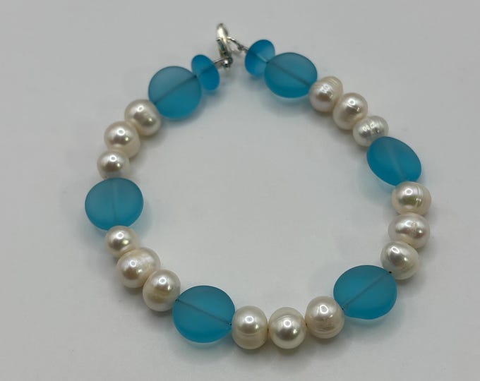 Freshwater Pearl and Blue Seaglass Bracelet | Freshwater Pearls | Seaglass Bracelet | Pearl Bracelet | Something Blue