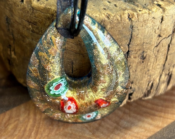 Millefiori Glass Tear Drop Necklace | Glass Pendant Necklace | MilleFiori Jewelry | Glass Teardrop Pendant | Necklace With Cord