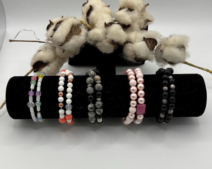 Rose Quartz | Lava Rock | Cats Eye | Onyx | Feldspar | Gemstones | Morse Code bracelet | Bless Your Heart | Double Strand Stretch Bracelet
