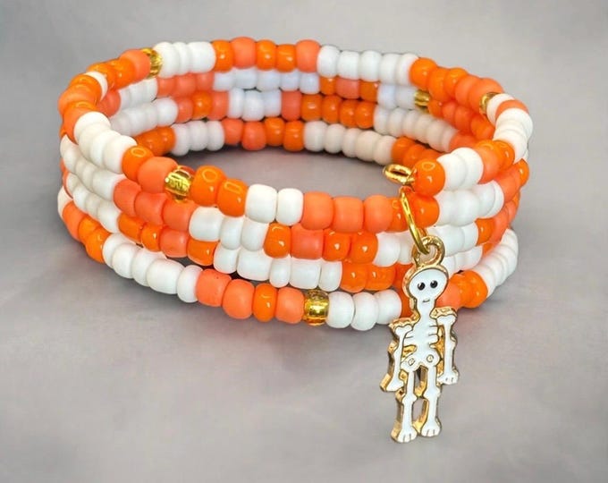 Halloween Seed Bead Bracelet: Skeleton Charm, Multi Strand