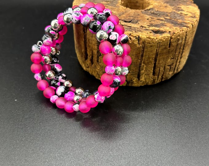 Black and Hot Pink Agate Gemstone bracelet | Memory wire bracelet | Multistrand bracelet | gemstones |