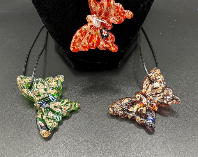 Butterfly Pendant Necklace | Lampwork Glass Butterfly | Glass Butterfly Pendant Necklace |Necklace With Cord | Millefiori Butterfly