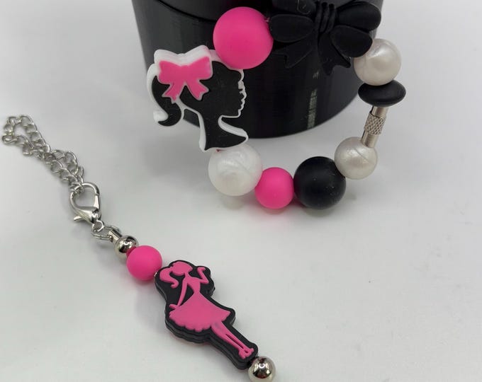 Girly Hot Pink and Black Stanley Cup Bracelet:  Cup Handle Bracelet | Straw Charm | Purse Bracelet | Barbie Inspired