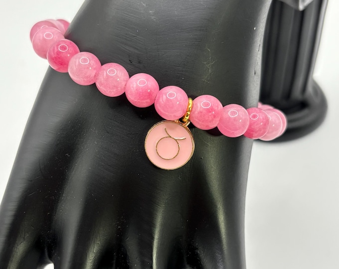 Zodiac Taurus Gemstone Bracelet |  Taurus Pink Jade  Bracelet  | Stretch Bracelet