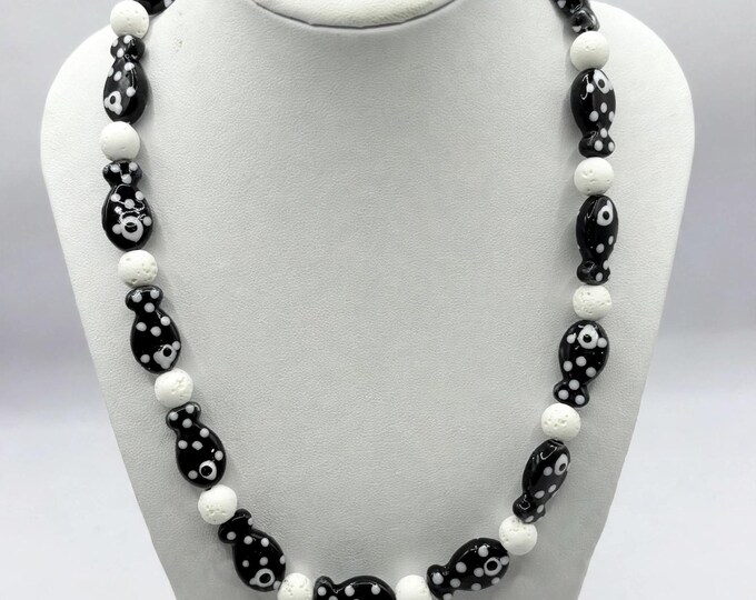 Black Porcelain Fish Necklace | Stretch Necklace 17 1/2 “  | Porcelain Fish And White Lava Rock | Beachy Necklace