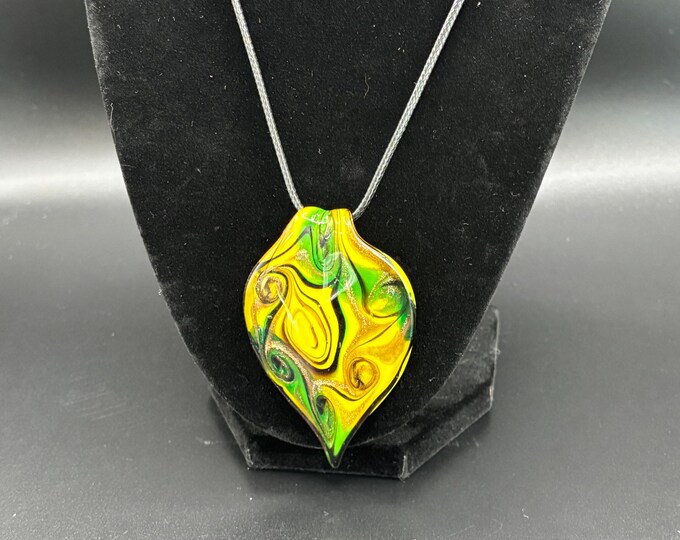 Green  Murano Inspired Pendant Necklace  | Glass Leaf Pendant | Gold Accent | Lampwork Pendant | Necklace With Cord