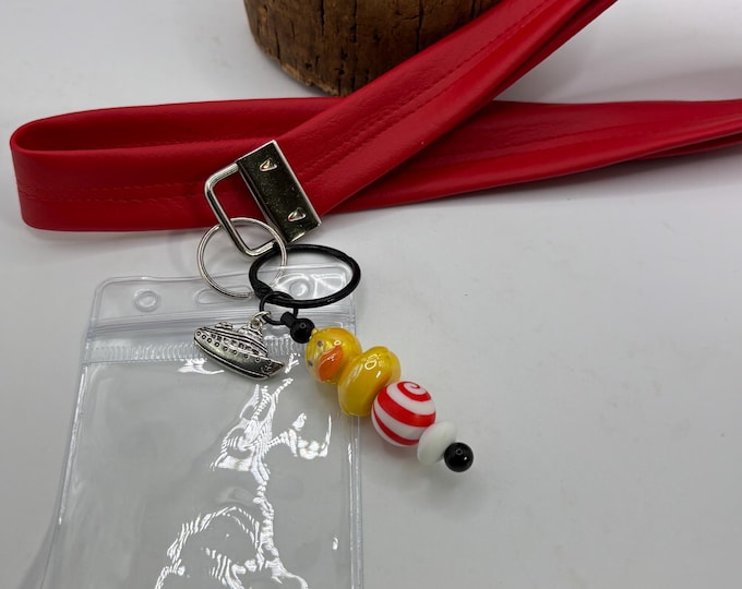 Red Faux Leather Beaded Lanyard | Fun Cruise Theme | Duck Bead and  and Charm | Cruise Lanyard | Badge Sleeve