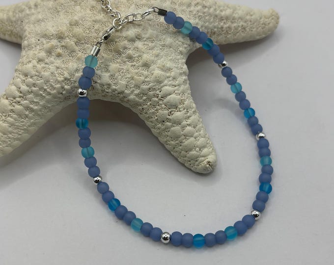 Blue Seaglass Anklet | Shades of Blue Seaglass | Seaglass Anklet | Minimalist 4mm beads