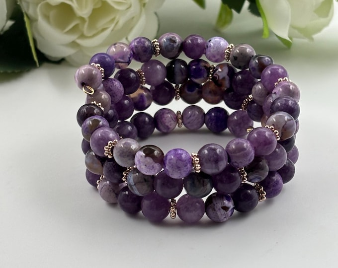 Purple Agate and Lilac Lepidolite  Gemstone  | Memory Wire Bracelet | Multi-Strand Bracelet |