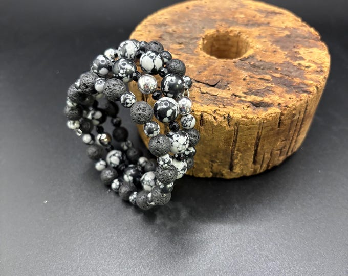 Black Lava Rock Bracelet | Snowflake Obsidian | Memory wire bracelet | Multistrand bracelet  | Diffuser Bracelet