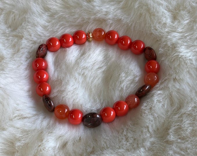 Orange Coral |  Unakite | Carnelian Gemstones | Gemstone bracelet | Stretch Bracelet | Morse Code bracelet | Badass