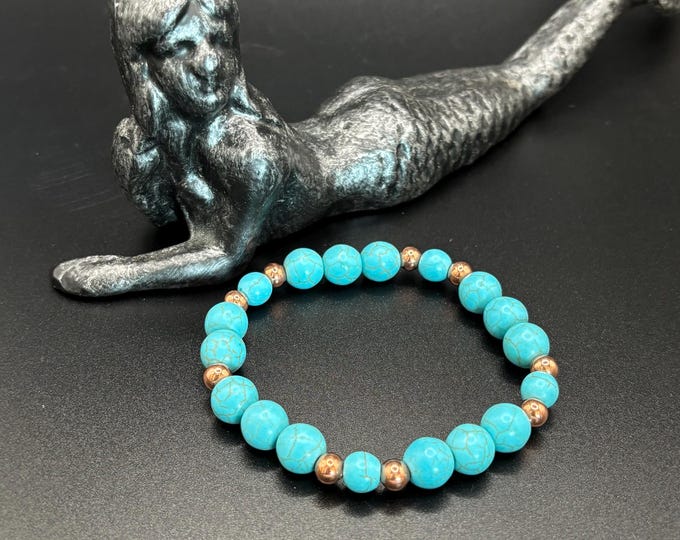 Turquoise Howlite Gemstones | Copper Accents | Stretch Bracelet | Mens or Ladies Bracelet