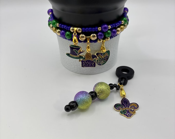Mardi Gras | New Orleans | 3 Bracelet Set with Charms Plus Mardi Gras Tumbler Straw Charm  | Full Set | Stanley Bundle