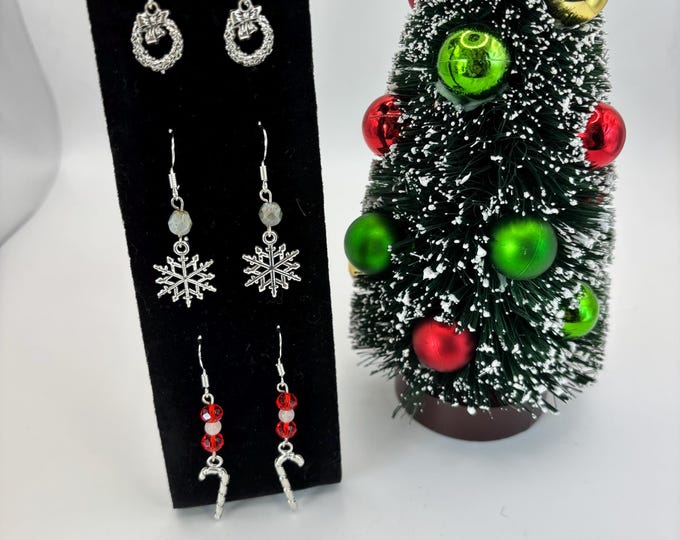 Christmas Earrings | Holiday Earrings | Christmas Earrings | Sterling Silver Ear Wires | Candy Cane | Snowflake | Wreath