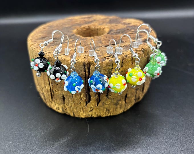 Lampwork Flower and Swarovski Crystal Earrings |  Murano Inspired Lamp Work  |  Flower Glass Earrings | Sterling Silver