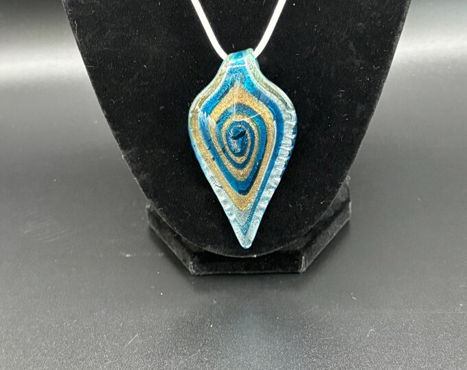 Blue  Murano Inspired Pendant Necklace  | Glass Leaf Pendant | Gold Accent | Lampwork Pendant | Necklace With Cord