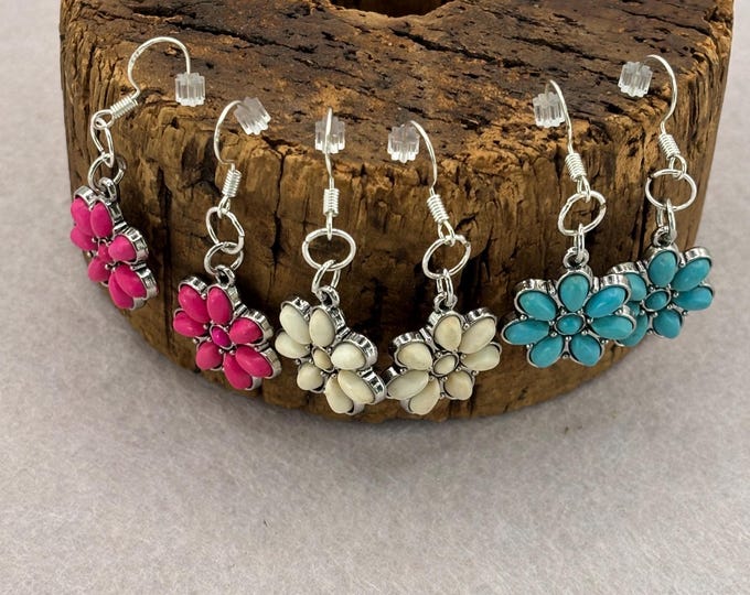Turquoise Flower on Silver Earrings  |  Turquoise Earrings | Flower Earrings