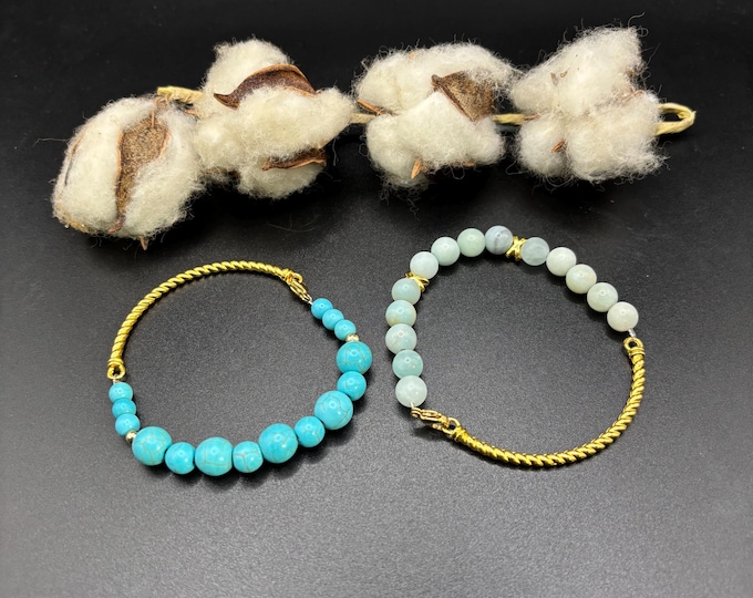 Amazonite or Turquoise Gemstones | Gemstone bracelets | Clasp Bracelet with Gold Bangle Piece  |