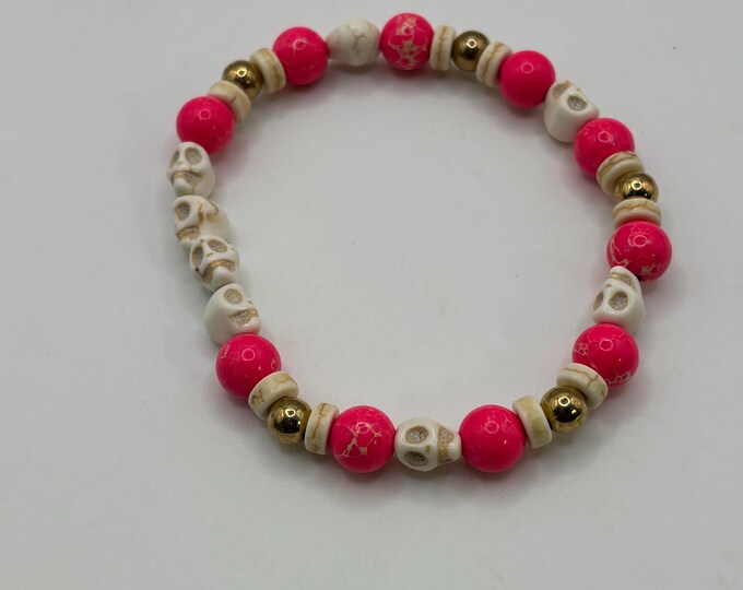 Hot Pink Imperial Jasper Gemstones | Halloween Gemstone bracelet | Stretch Bracelet | Skull bracelet | Pinkoween