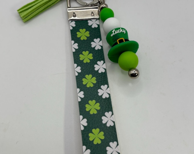 Faux Leather Beaded Wristlet Keychain  | Keychain with Silicone and tassel | Lucky | St Patricks Day Keychain | Key Fob | Clover