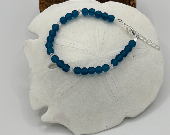 Peacock Blue Seaglass Bracelet | Blue Seaglass | Seaglass Bracelet | 6 mm beads with  Swarovski Crystals