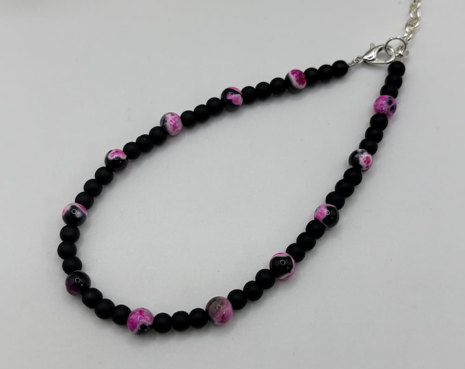 Hot pink Agate and Black Seaglass Anklet |  Ankle Bracelet | Gemstone Ankle Bracelet | Anklet
