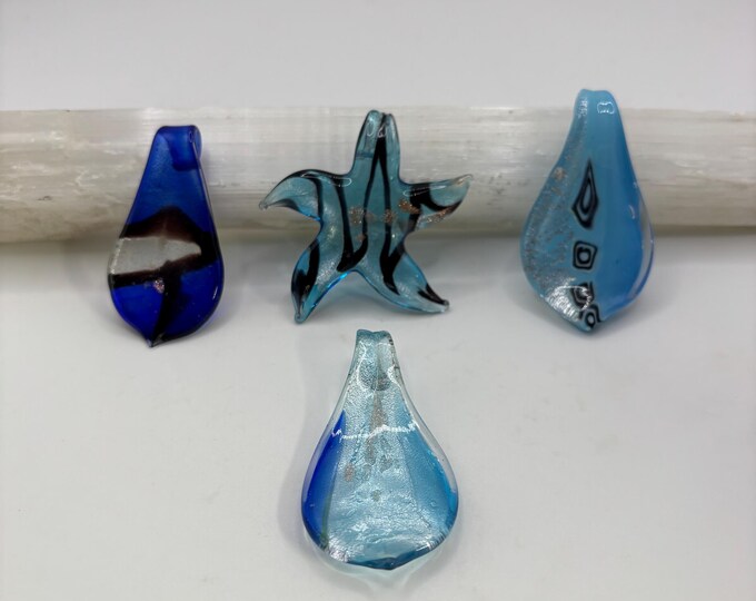 Blue Lampwork Pendants |  Millefiori Pendant   | Glass Leaf Pendant | Silver Accent | Lampwork Pendant | Necklace With Cord | Blue Starfish
