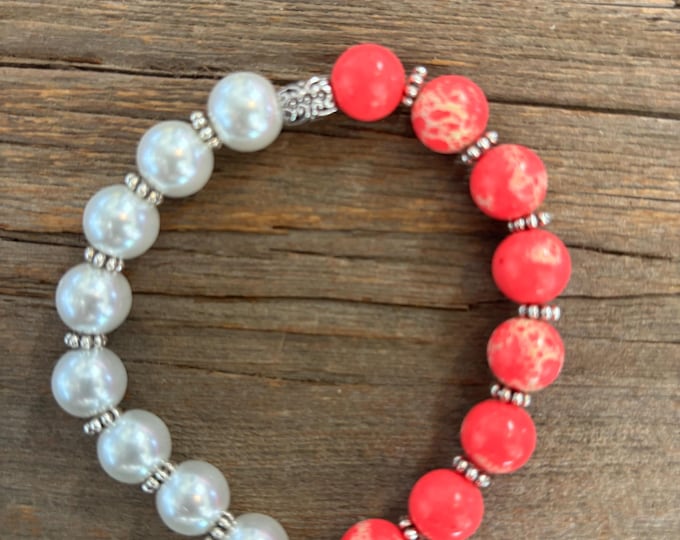 Pearl and Hot Pink Howlite Gemstones | Gemstone bracelet | Stretch Bracelet