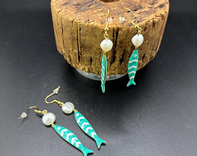 Two sided Blue Fish Earrings  | Freshwater Pearl Accents | Earrings |