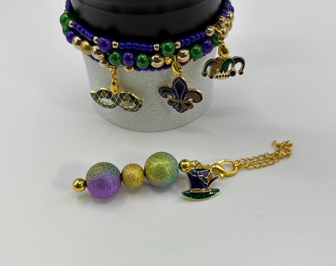 Mardi Gras | New Orleans | 3 Bracelet Set with Charms Plus Mardi Gras Tumbler Straw Charm  | Full Set | Stanley Bundle