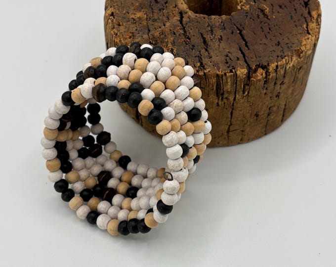 Black and White Wooden Beads | Memory Wire Bracelet | Multi-Strand Bracelet |