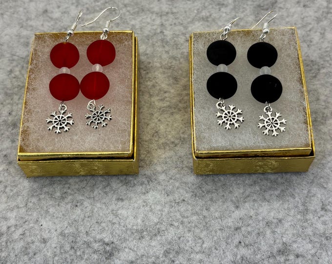 Seaglass and Snowflake Earrings | Black or Red Seaglass Earrings | Seaglass | Seaglass Earrings on Sterling Silver | Snowflake Charm Drop