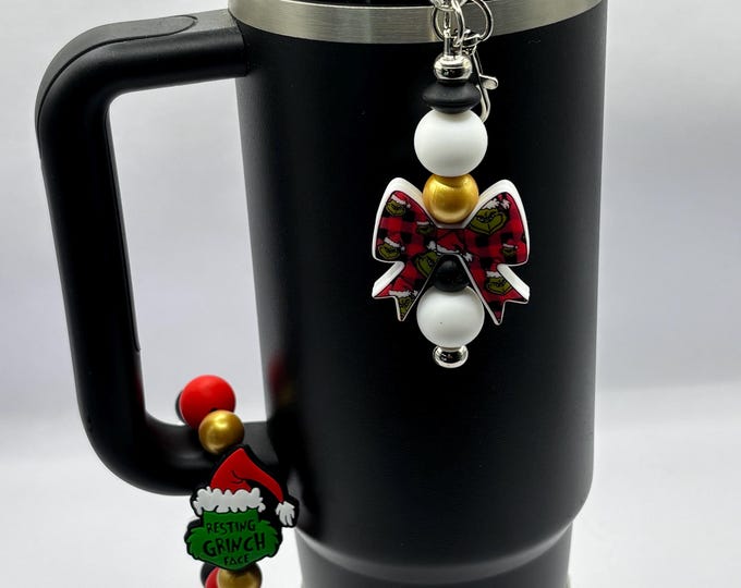 Christmas Grinch Stanley Cup Bracelet:  Cup Handle Bracelet | Straw Charm  | Holiday | Grinch | Bow