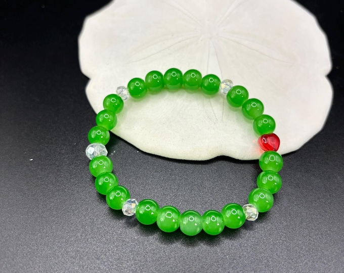 Green Glass and Glass Red Heart Beaded Bracelet |  7.5 inch Stretch bracelet | Austrian Clear Crystals